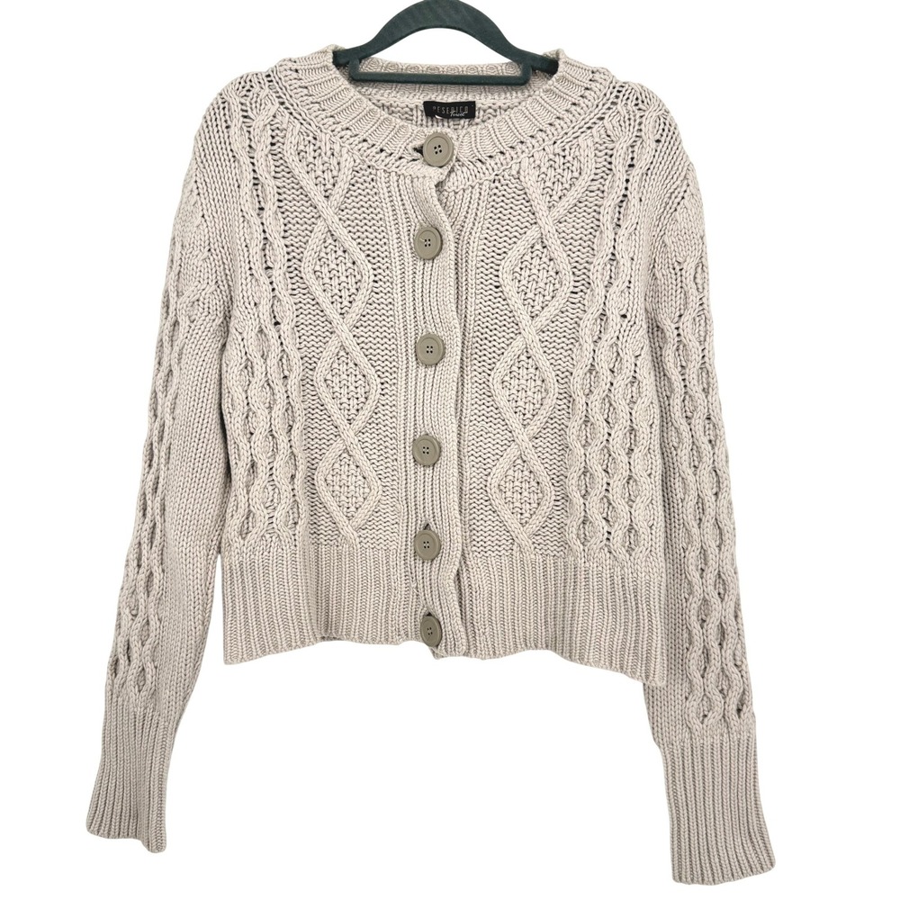 Peserico Tricot Cardigan Womens IT 42 Beige Good Wool Silk Cashmere Cable Knit